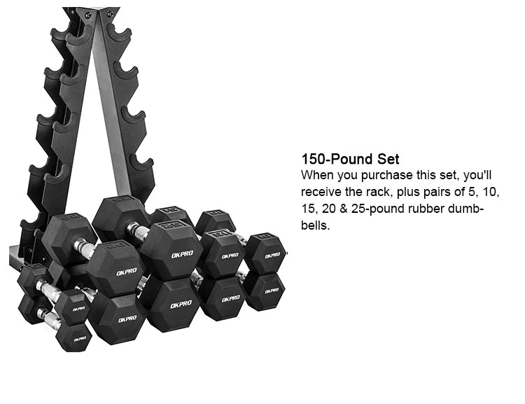 Okpro Gym Rubber Hex Dumbbell Set with Rack