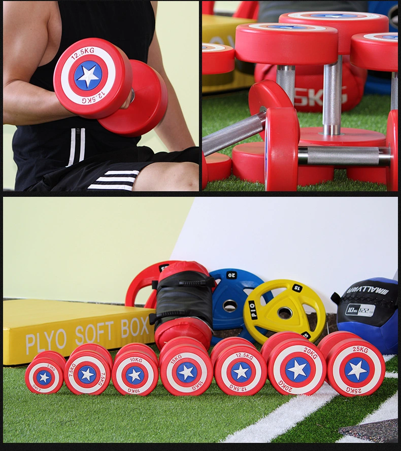 Weight Lifting Manufacture Commercial Gym Fitness Equipment Best Price Captain America PU Dumbbell Round Head Dumbbell Gym Dumbbell