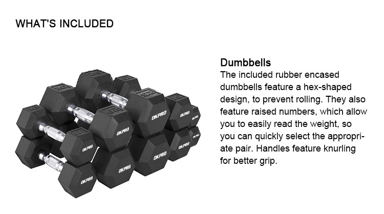 Okpro Gym Rubber Hex Dumbbell Set with Rack