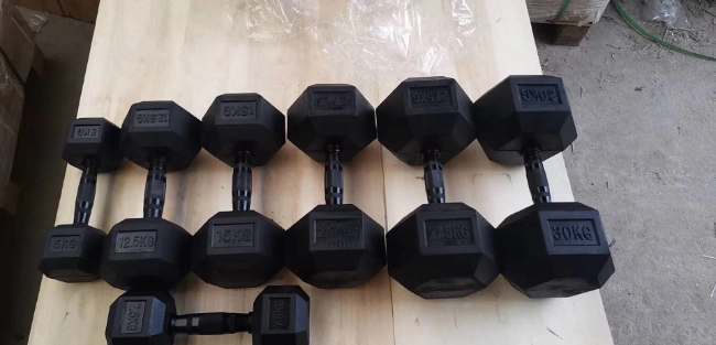 Black Rubber Coated Hex Dumbbell with Contoured Handle