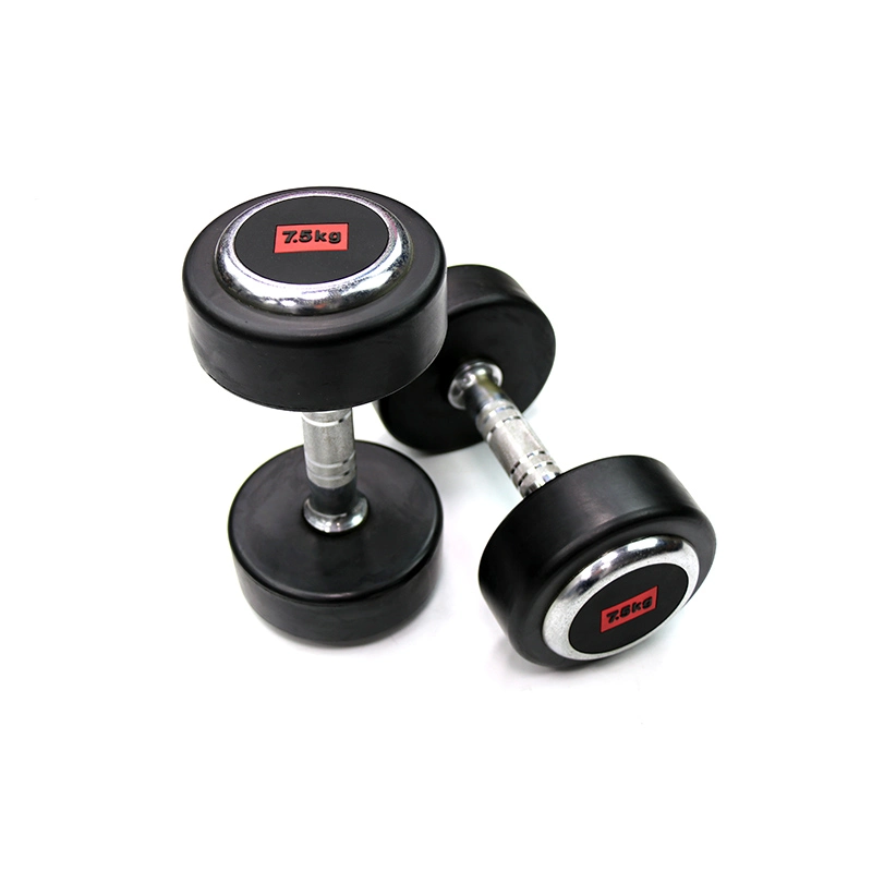 Premium Quality Black Rubber Round Dumbbell with Chrome Cap