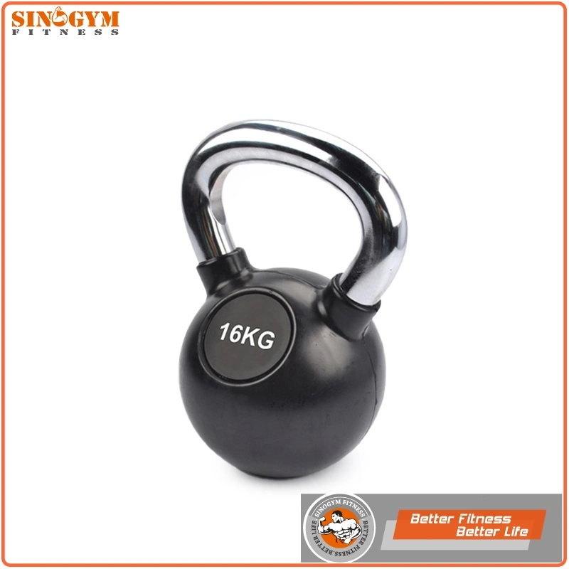 Chromed Handle Black Rubber Coated Solid Cast Iron Weightlifting Kettlebell