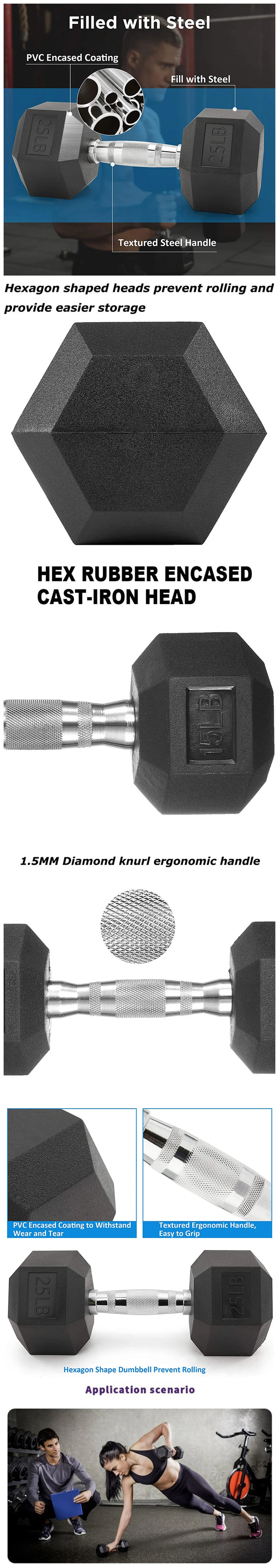 Professional Fix Cast Iron Rubber Coated Hex Dumbbell From 5lb to 150lb