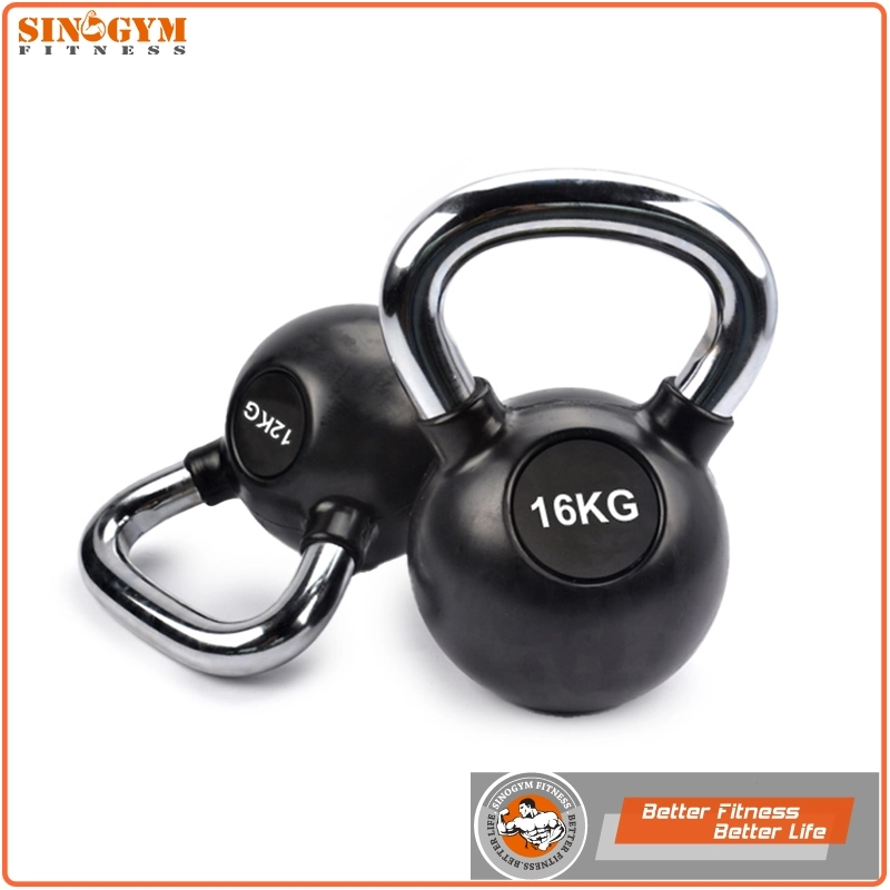 Chromed Handle Black Rubber Coated Solid Cast Iron Weightlifting Kettlebell