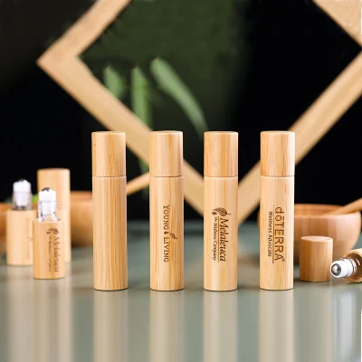 Customized Logo 5ml 10ml 15ml Perfume Bottle Natural Bamboo Glass Essential Oil Roll on Bottle with Steel Roller Ball