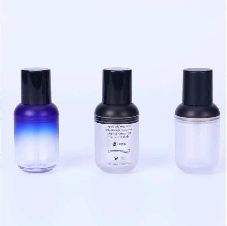 Wholesale Glass Skincare Packaging 30ml Cosmetic acrylic Container Essential Oil Serum Bottles with Silver Pump Matte Black Lid for Skin Care Brand