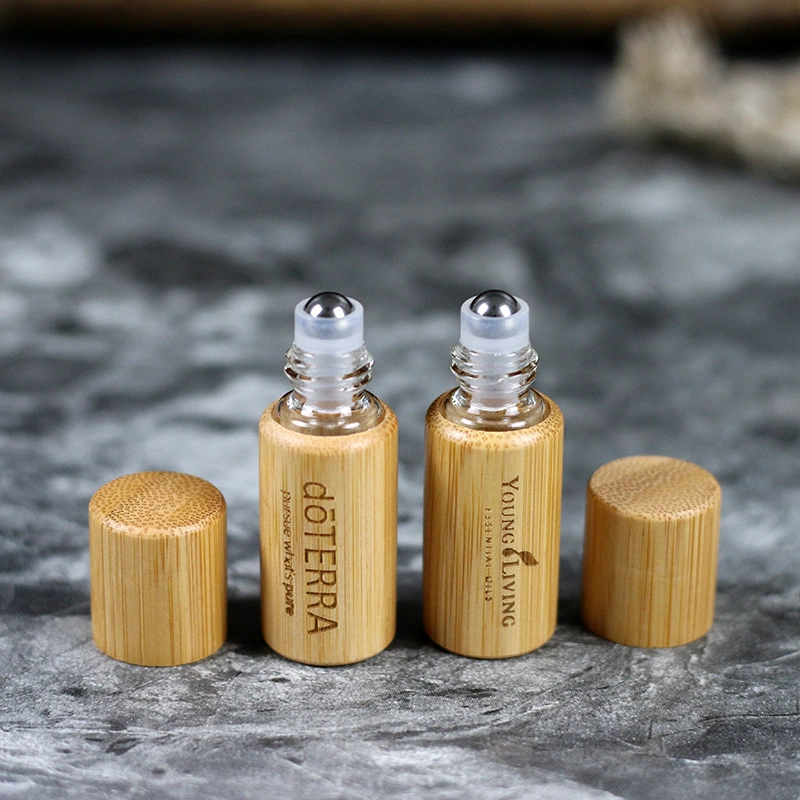 Customized Logo 5ml 10ml 15ml Perfume Bottle Natural Bamboo Glass Essential Oil Roll on Bottle with Steel Roller Ball