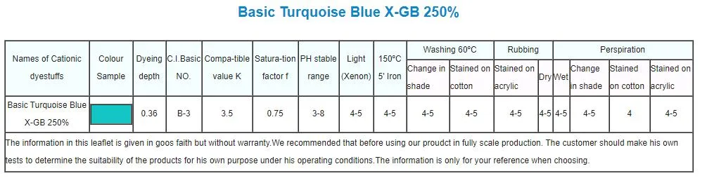Cationic Dyes/Basic Turquoise Blue X-GB 250%/Disp. Basic Turquoise Blue SD-GB 100%/Dyestuff/Dyes