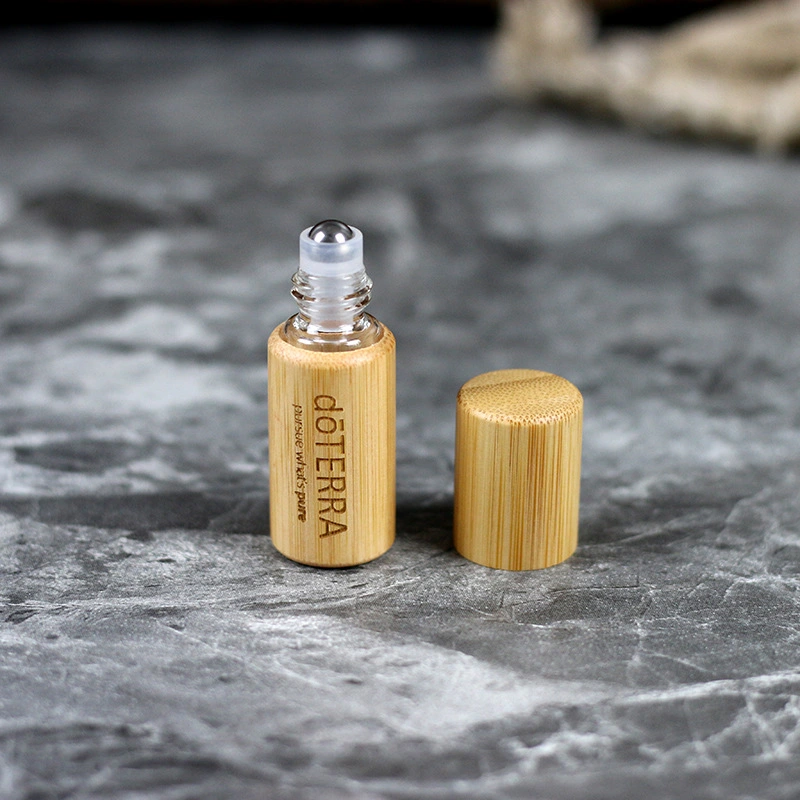 Customized Logo 5ml 10ml 15ml Perfume Bottle Natural Bamboo Glass Essential Oil Roll on Bottle with Steel Roller Ball