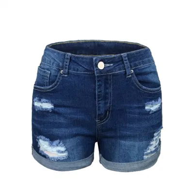 Explosión Style Fashion Design Jeans elásticos DE cintura MEDIA para mujer con agujeros Pantalón corto denim
