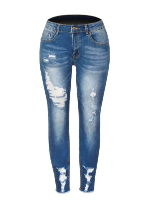 New Amazon Moda ropa de mano de ropa de cintura MEDIA alta elástica Damas denim Pantalones de lápiz Jeans lacrimógenos