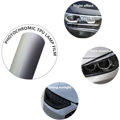 Lámpara LED UV fotocrómico Faro de luz trasera para automóvil película TPU Película de protección de pintura de color blanco claro a negro PPF