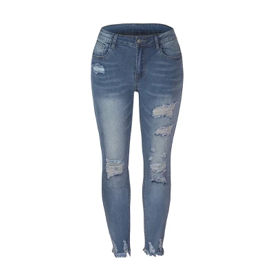 Jeans de borlas lavados y desgastados mujeres Amazon Europa y América Pantalón de tubo elástico de autocultivo pantalones denim Jeans moldeadores cuerpo