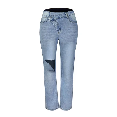 Nuevo diseño para mujer mejor vendedor Damas Hole Stretch Straight Denim Pantalones Jeans