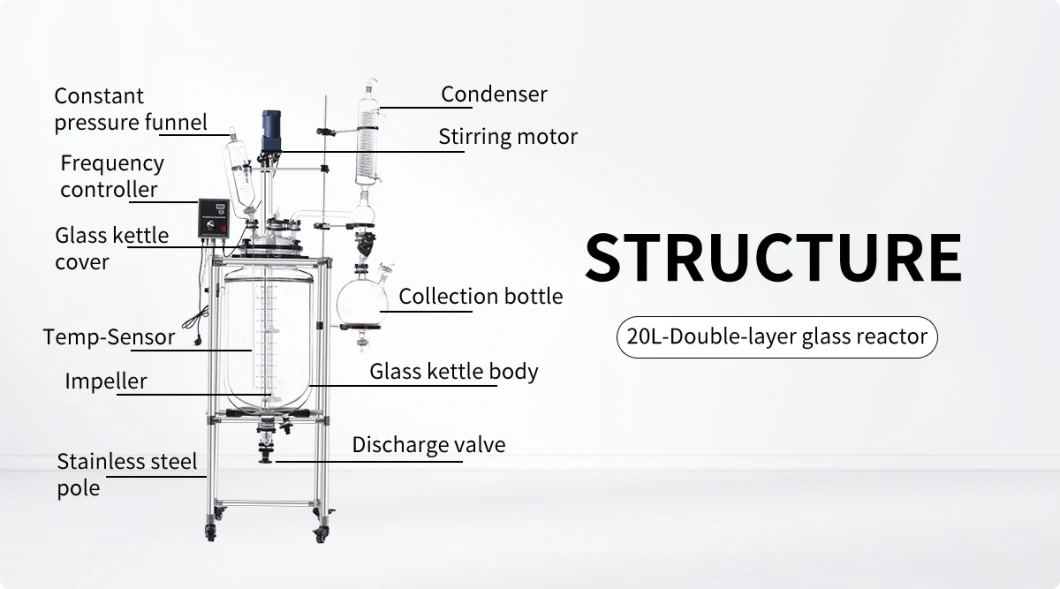 Lab Chemical Jacketed Glass Reactor 5L 10L 20L 50L100L 200L Double-Layer Glass Reactor Vessel with Heater Chiller