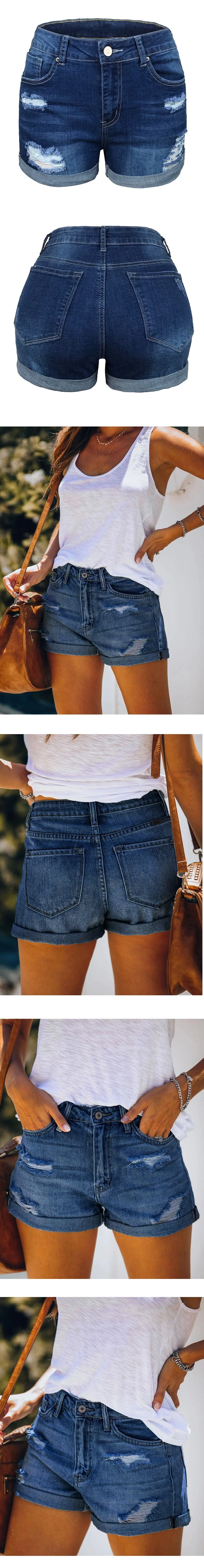 Explosion Style Fashion Design Women&prime;s Elastic MID-Waist Jeans with Holes Denim Shorts