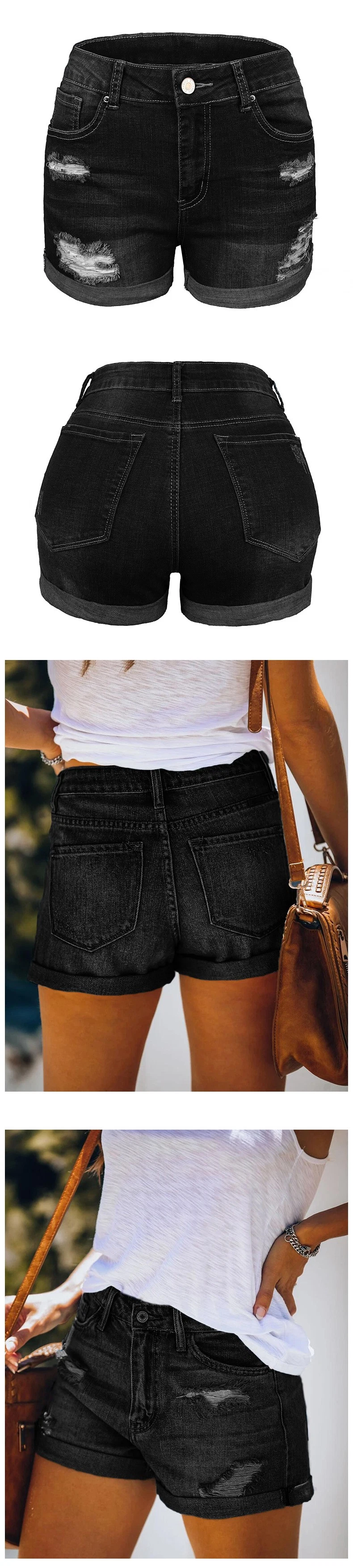 Explosion Style Fashion Design Women&prime;s Elastic MID-Waist Jeans with Holes Denim Shorts