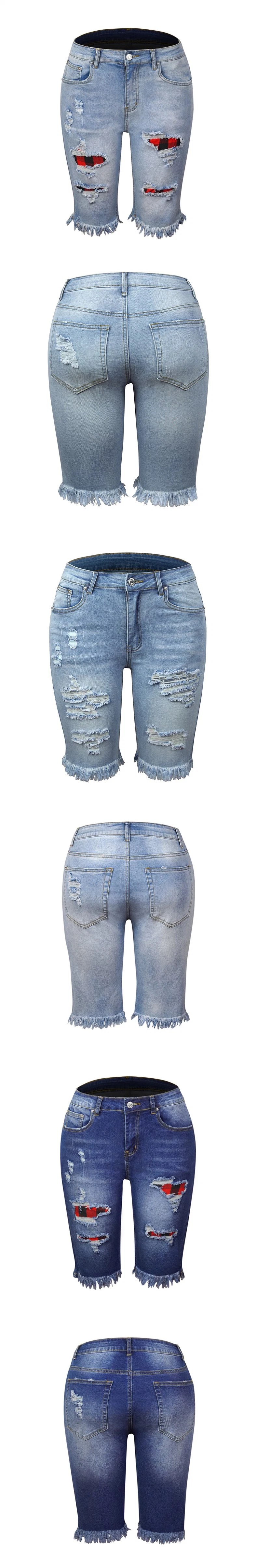 Summer Street Fringed High Elastic Pencil Pants MID-Waist Five-Point Pants Ripped Female Super Hot Jeans