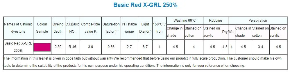 Cationic Dyes/Basic Red 2gl 250%/Basic Red 2bl 200%/Basic Red Gtln 200%/Basic Red Gtlp 200%/Basic Red M-Rl 200%/Basic Red X-6b 100%/Basic Red X-Grl 250%/Dyes