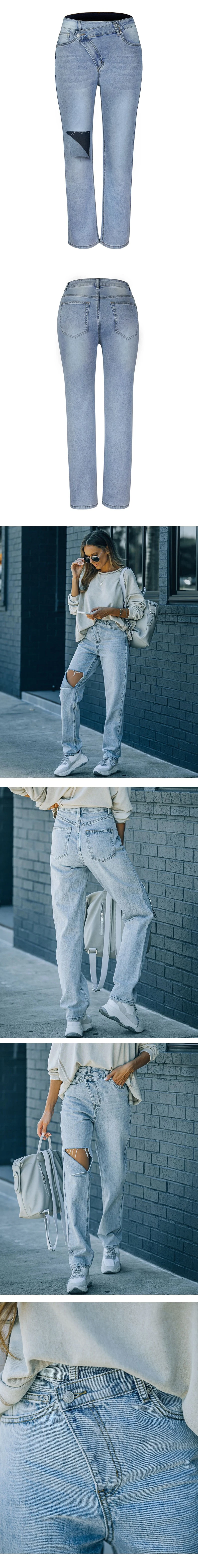 Women&prime; New Design Best Seller Ladies Hole Stretch Straight Denim Trousers Jeans