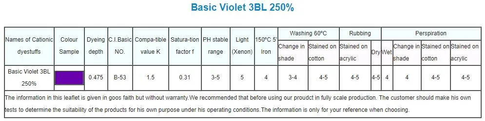 Cationic Dyes/Basic Violet 3bl 250%/Basic Violet X-3r 300%/Dyestuff/Dyes