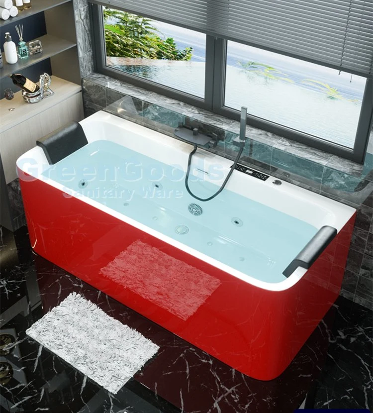 CE Florida Bathroom Red Acrylic Fiber Freestanding Soaking Tub ABS Control Panel Air Jet SPA 2 People Massage Whirlpool Bathtub