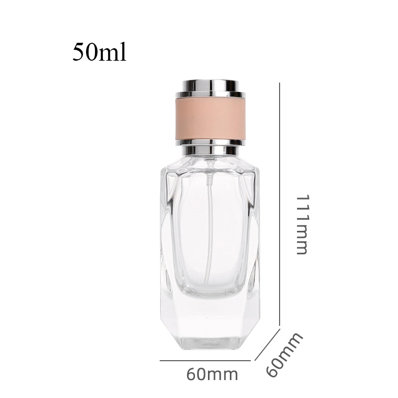 Clear 50ml Polygon Perfume Bottles High Quality Women Glass Perfume Bottles Refillable 30ml Perfume Sprayer with Pink Rose Gold Lid