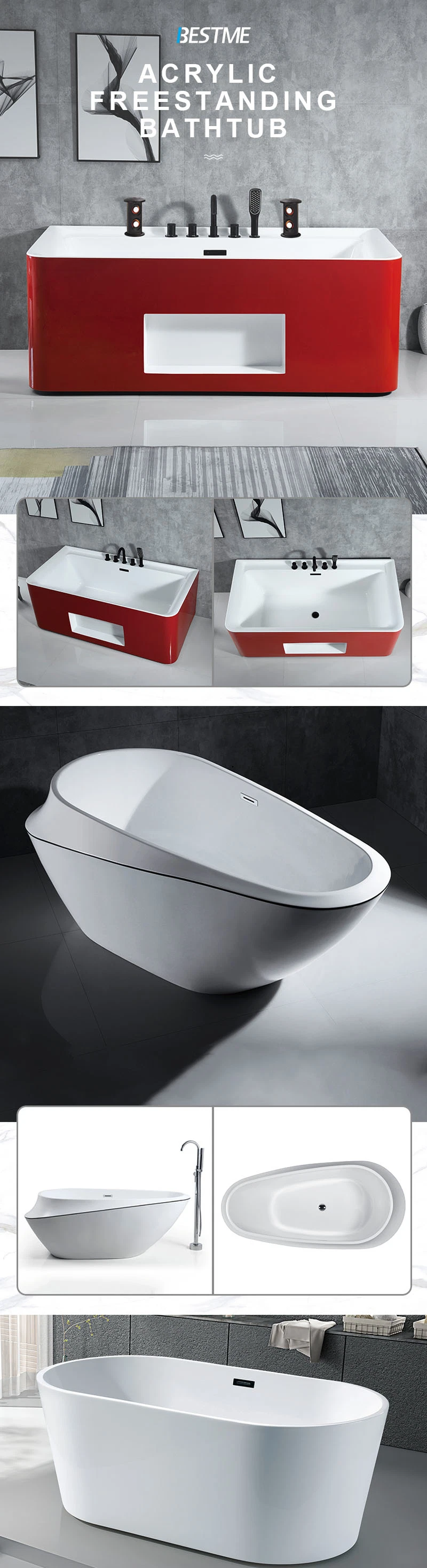 2023 New Design Free Standing Sanitary Ware Red Acrylic Art Bathtub (BT-Y2626E)