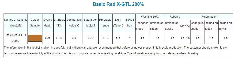 Cationic Dyes/Basic Red 2gl 250%/Basic Red 2bl 200%/Basic Red Gtln 200%/Basic Red Gtlp 200%/Basic Red M-Rl 200%/Basic Red X-6b 100%/Basic Red X-Grl 250%/Dyes