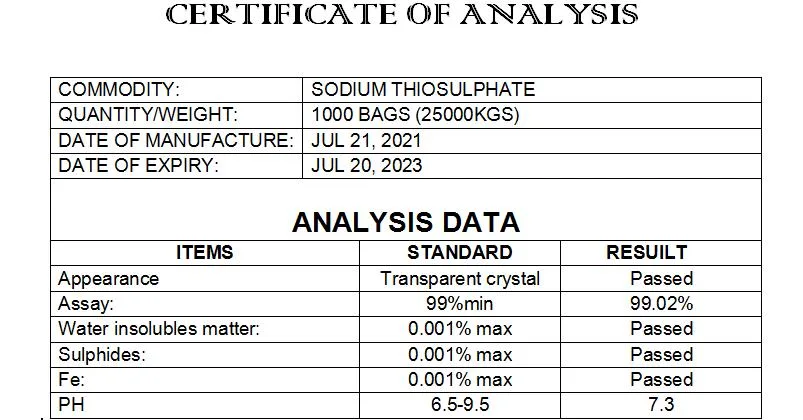 99%Min Industrial Crystal Sodium Thiosulfate, CAS No.: 7772-98-7