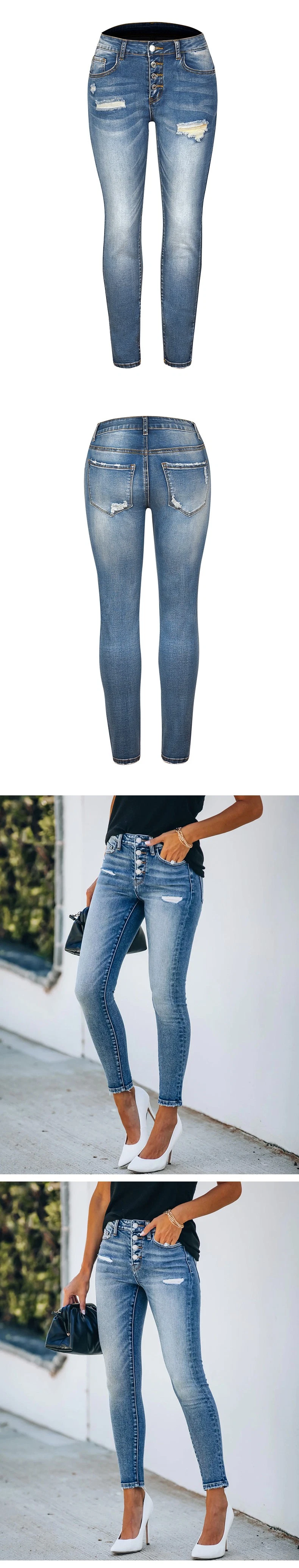 Women&prime;snew Amazon European and American Slim Fit Ripped High Elastic Ladies Denim Trousers Jeans