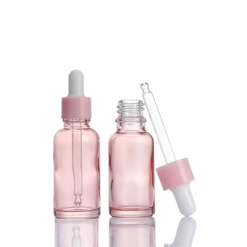 Wholesale Custom Logo 10ml 15ml 20ml 30ml Round Pink Empty Cosmetic Dropper Pump Glass Essential Oil Dropper Bottle