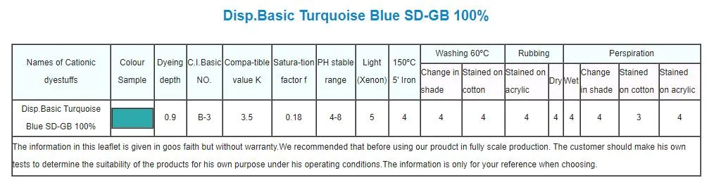 Cationic Dyes/Basic Turquoise Blue X-GB 250%/Disp. Basic Turquoise Blue SD-GB 100%/Dyestuff/Dyes