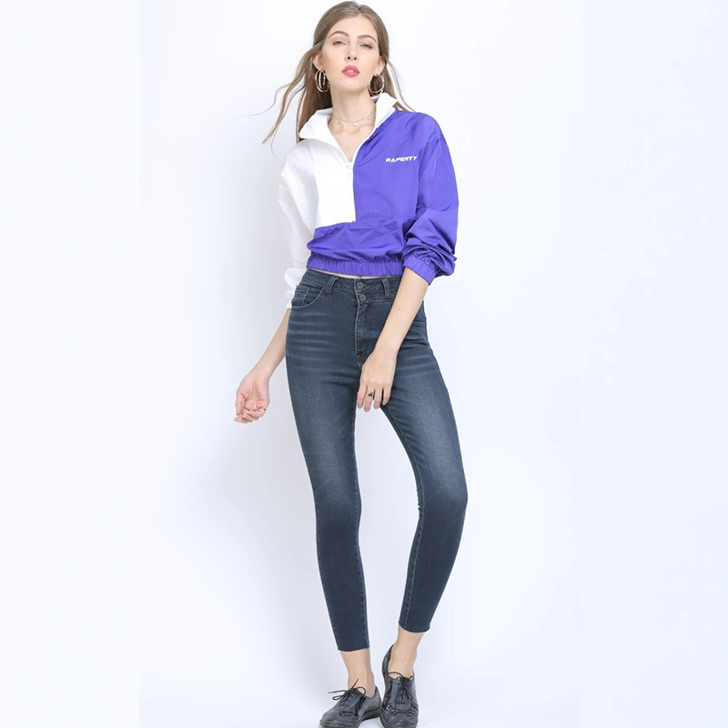 Ladies Hight Waist Super Skinny Fit Indigo Blue Denim Jeans with Raw Edge