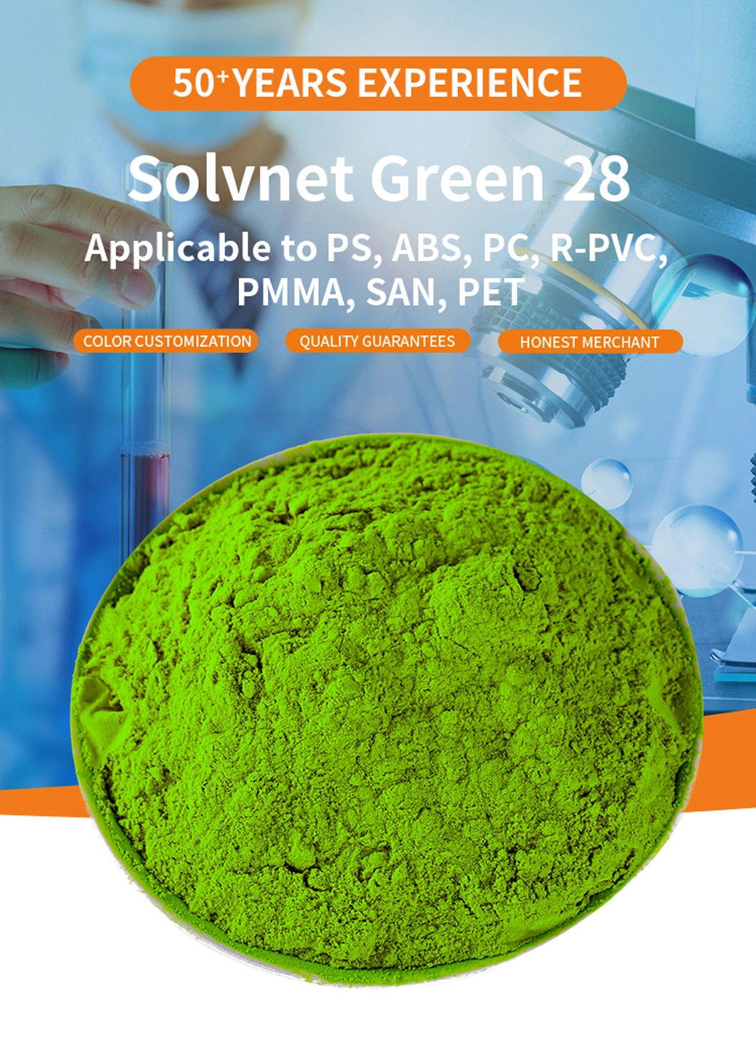 Transparent Green G Solvent Dyes Green 28 for Plastics PS, ABS, PC, R-PVC, PMMA, San, Pet