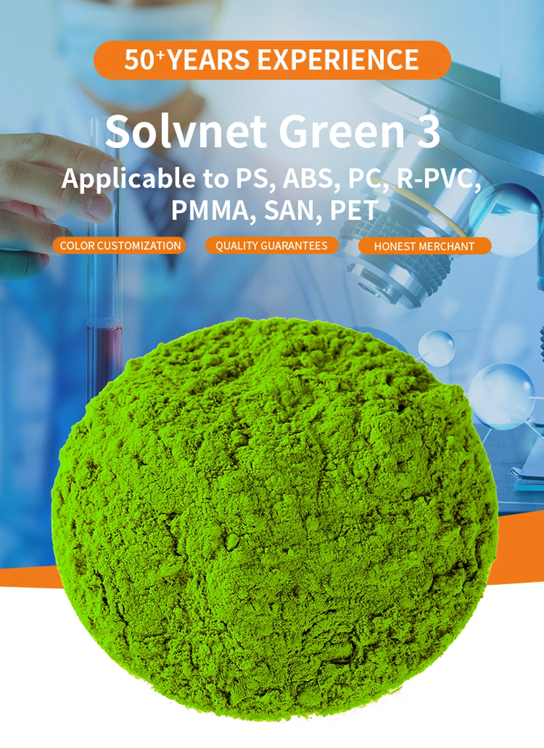 Transparent Green 5b Solvent Dye Green 3 for Plastics PS, ABS, PC, R-PVC, PMMA, San, Pet