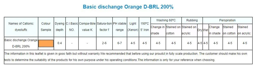 Cationic Dyes/Basic Dischange Black D-Ho 200%/Basic Dischange Black D-Wgl 200%/Basic Dischange Blue D-2gl 200%/Basic Dischange Orange D-Brl 200%/Basic Dischange