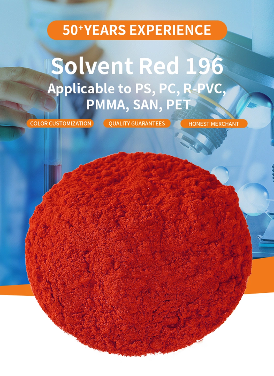 Fluorescent Red Bk Solvent Dyes Red 196 for Plastics PS, PC, R-PVC, PMMA, San, Pet