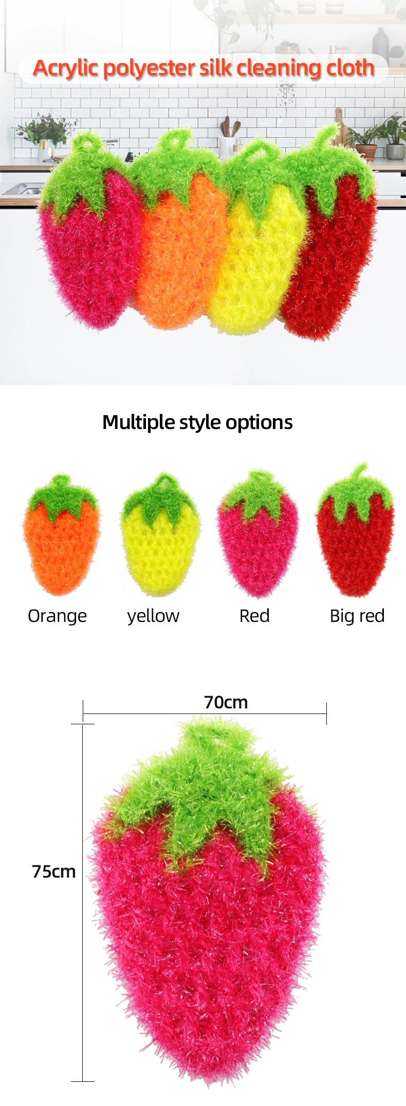 Bright Colors Strawberry Shape Rag Hand Crocheted Dish Cloth Scouring Pad Towel Kitchen Cleaning Tool