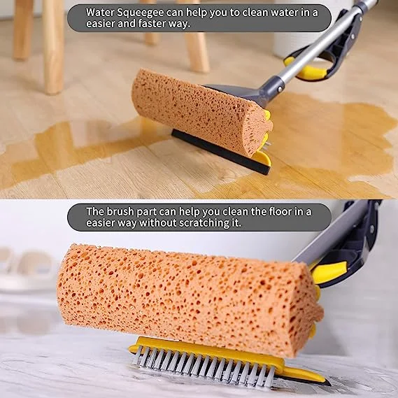 Sponge Mop Home Commercial Use Tile Floor Bathroom Garage Cleaning with Total 2 Sponge Heads Squeegee