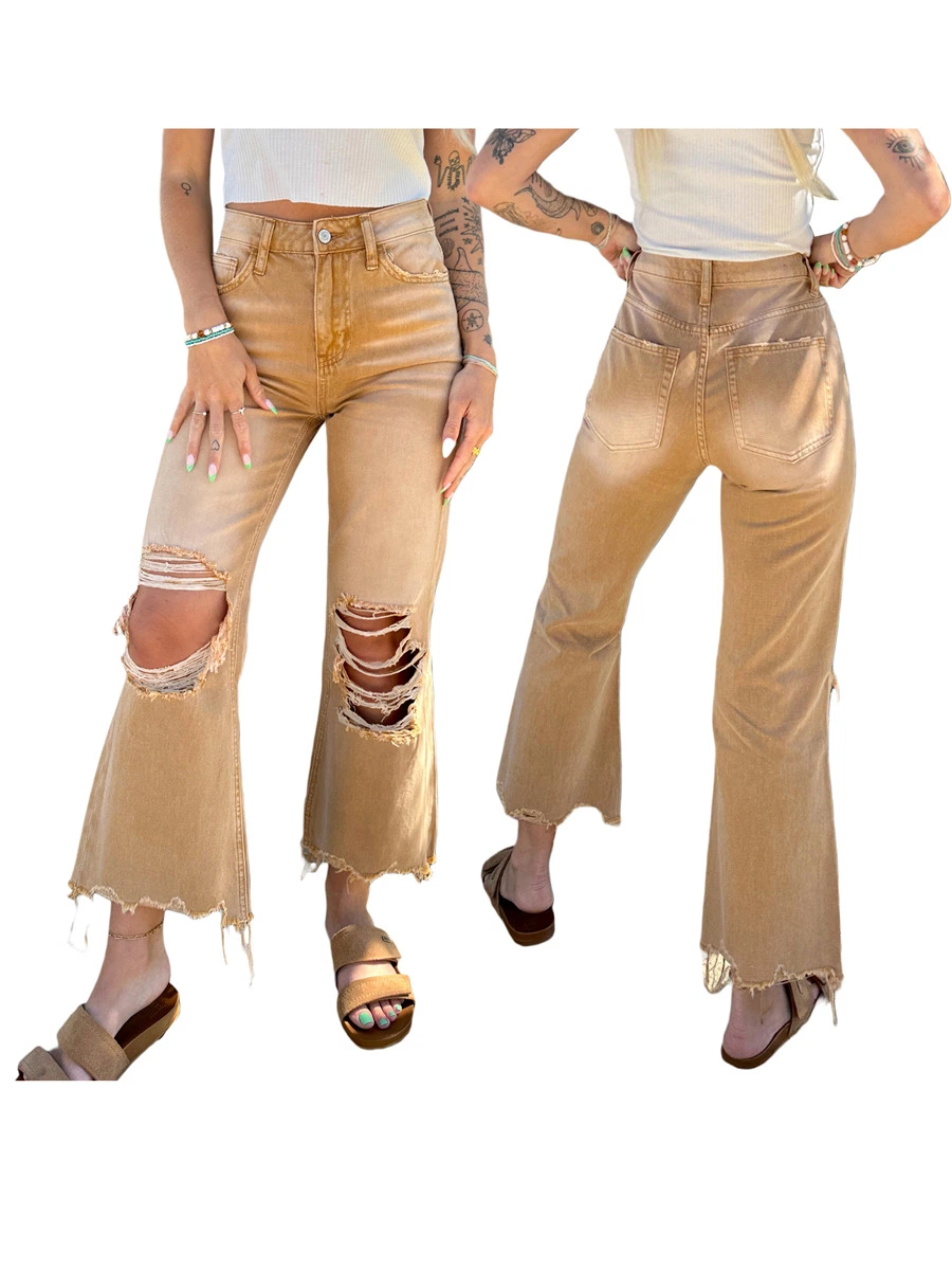 Women&prime;s Torn Jeans Floor Mop Jeans Straight and Loose Fitting