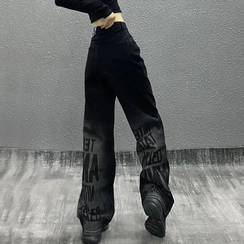 Autumn New Tide Brand Personality Letter Printed Women Jeans High Waist Loose Show Thin Straight Leg Everything Wide Leg Mop Pants (CFJPFM-021)