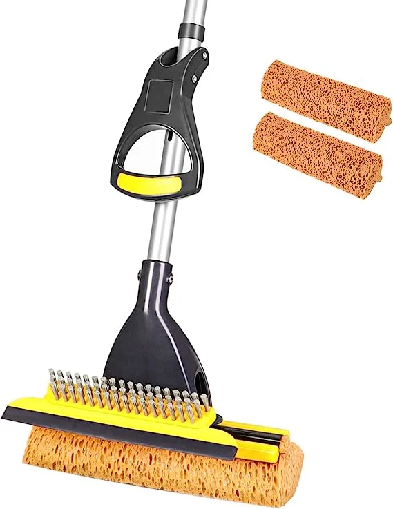 Sponge Mop Home Commercial Use Tile Floor Bathroom Garage Cleaning with Total 2 Sponge Heads Squeegee