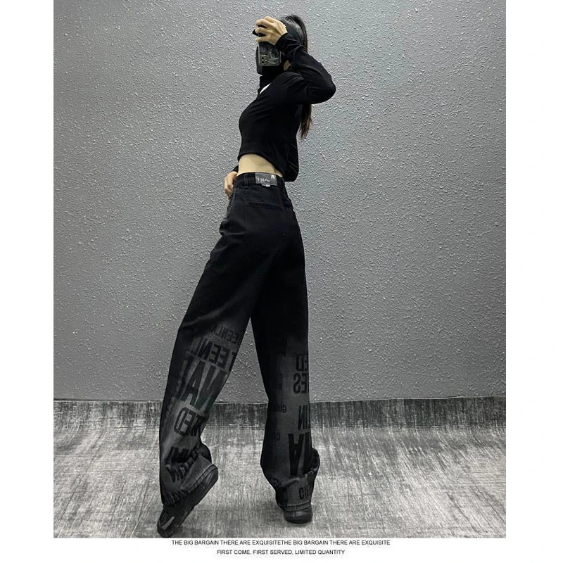 Autumn New Tide Brand Personality Letter Printed Women Jeans High Waist Loose Show Thin Straight Leg Everything Wide Leg Mop Pants (CFJPFM-021)