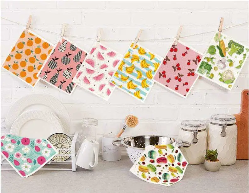 Eco-Friendly Custom Lemon Printing Reusable Biodegradable Cellulose Swedish Dish Towel Clothes Dishcloth Cleaning Cloths