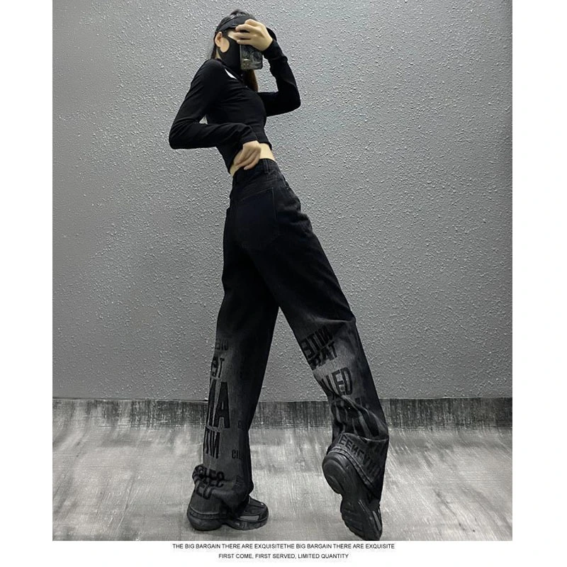 Autumn New Tide Brand Personality Letter Printed Women Jeans High Waist Loose Show Thin Straight Leg Everything Wide Leg Mop Pants (CFJPFM-021)