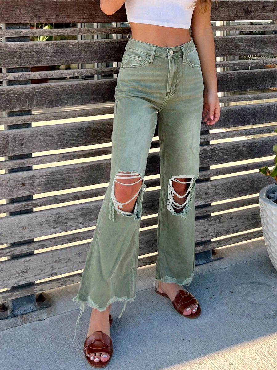 Women&prime;s Torn Jeans Floor Mop Jeans Straight and Loose Fitting