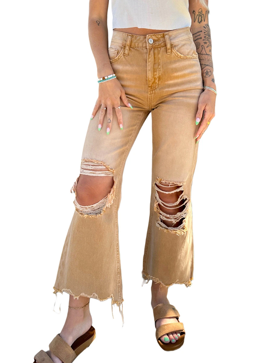 Women&prime;s Torn Jeans Floor Mop Jeans Straight and Loose Fitting