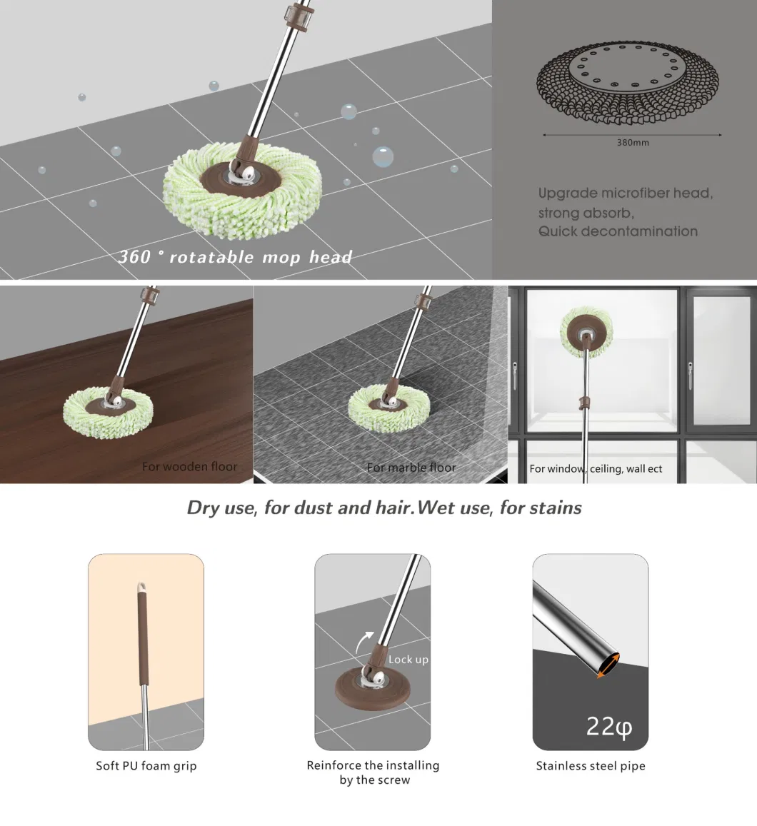 Spin Mop with 2 Replacement Microfiber Mop Heads Walkable with Wheels