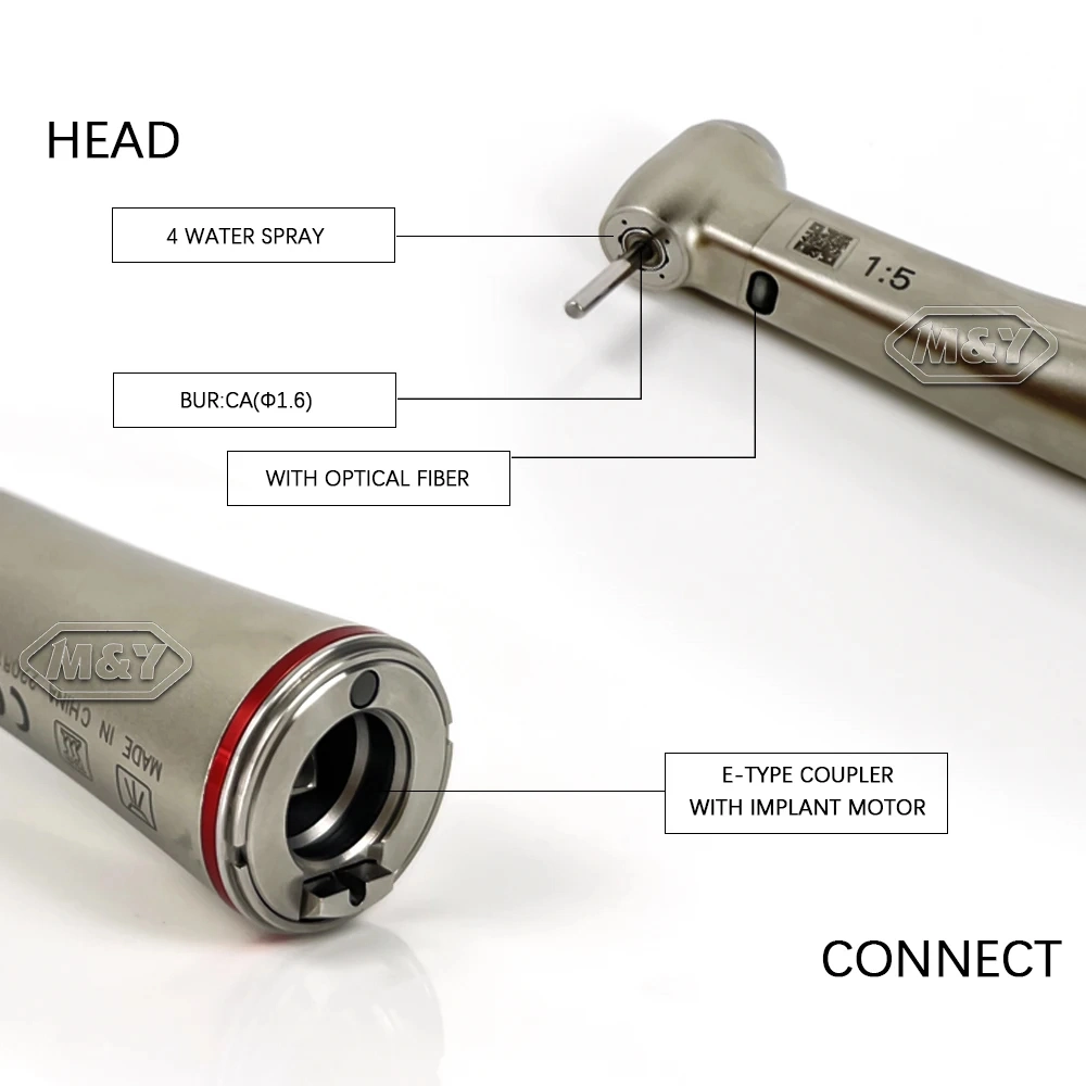 Dental Contra Angle Handpiece Standard Head Push Button 1: 5 Increasing Speed with Fiber Optic Red Ring X95L Turbine